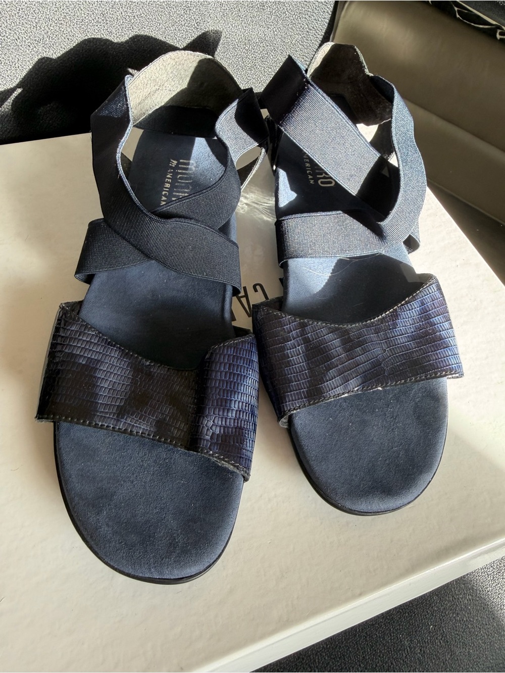 Munro Navy Textured Band Elastic Crossover Sandals